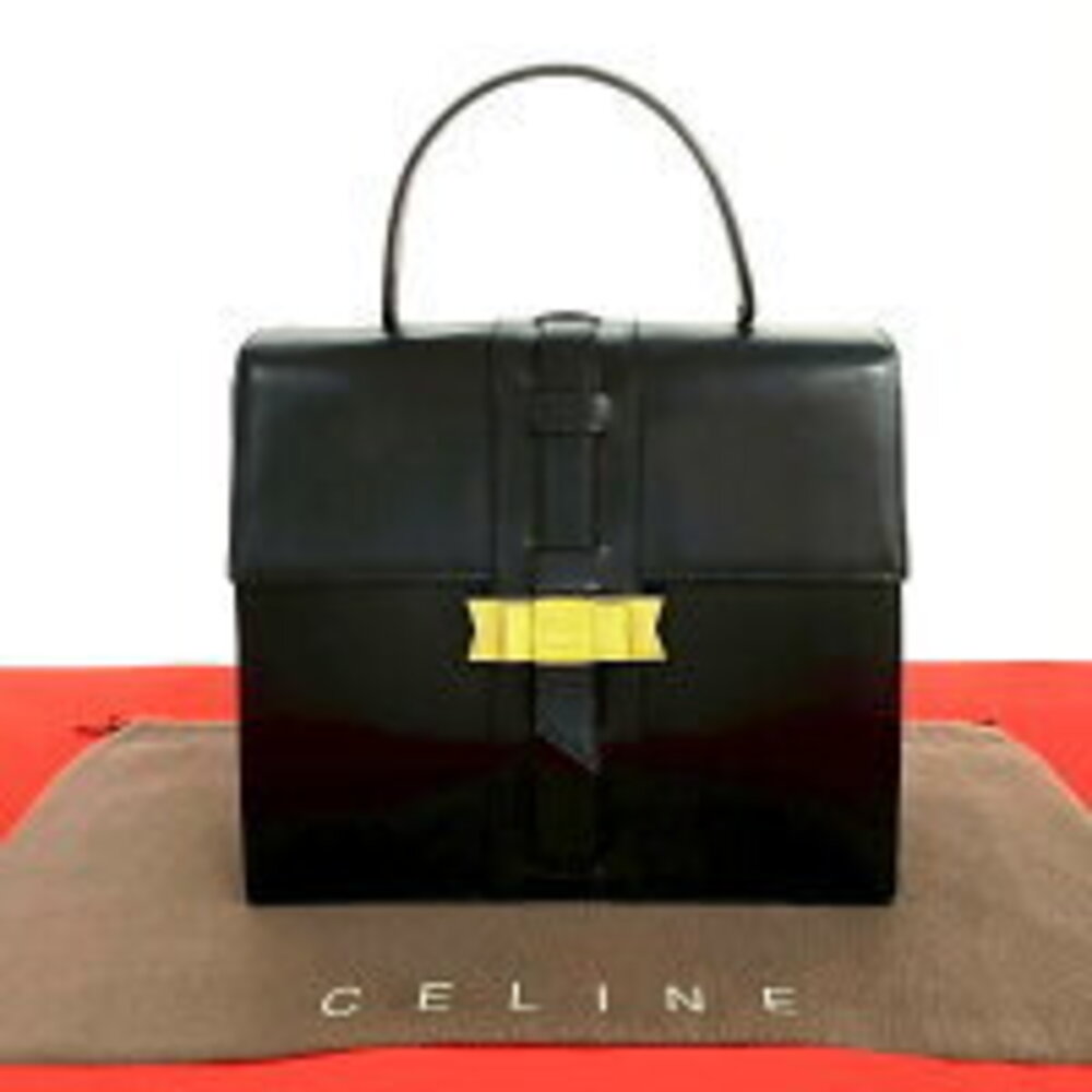 CELINE Logo Rion Motif Calf Leather Handbag Tote Bag Black
